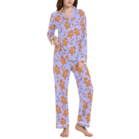 joogoo Pajamas Set for Women Gingerbread Man Candy Cane Long Sleeve Pjs Loungewear L
