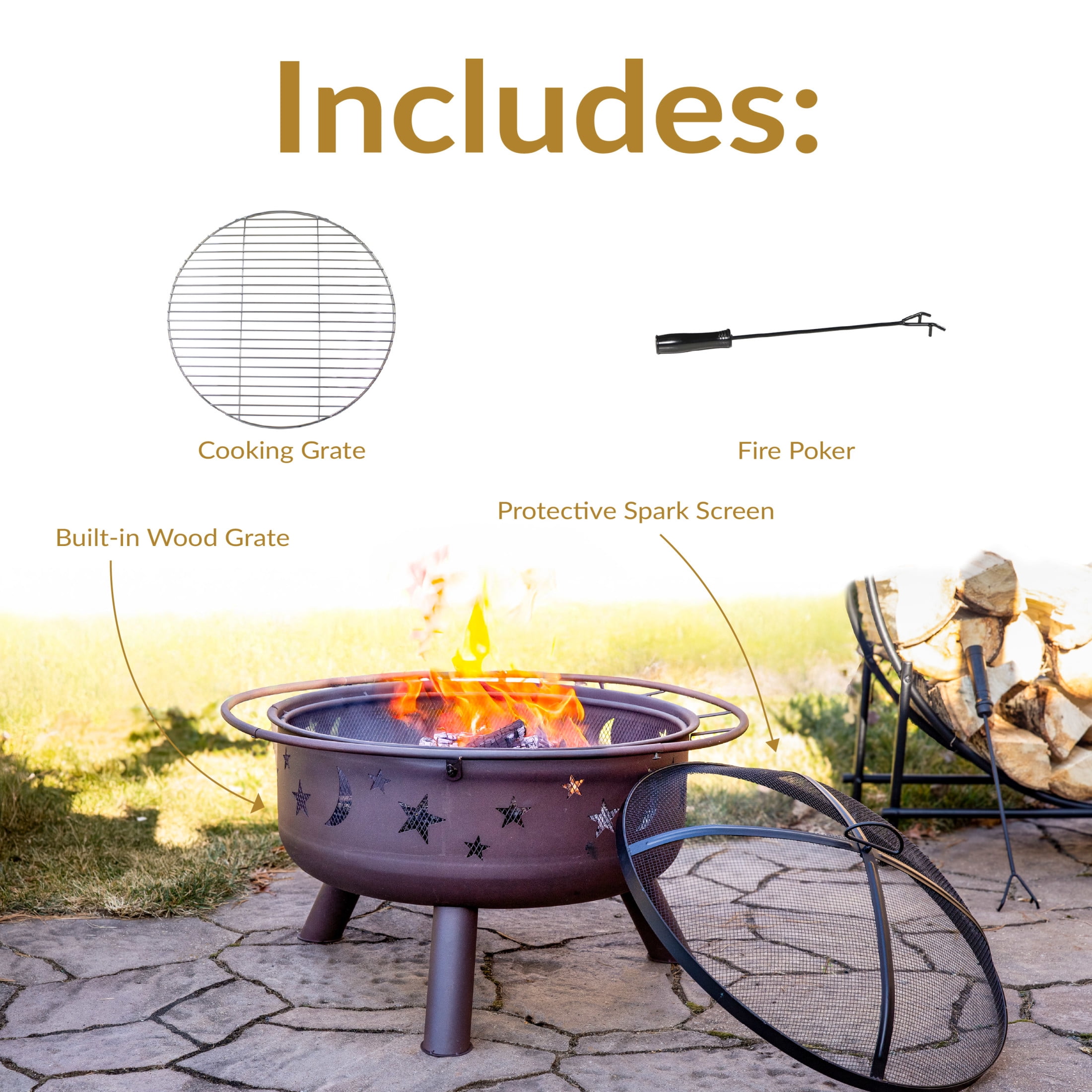 Sunnydaze Cosmic 30" Round Wood-Burning Brown Finish Steel Fire Pit with Cooking Grate