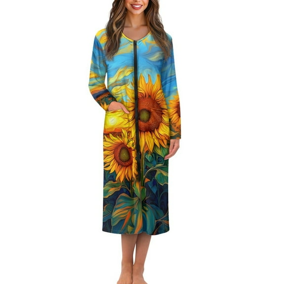 FOR U DESIGNS Sunflower Print House Dresses for Woman Comfortable Long Sleeve Night Shirts Soft Duster Lounger Robe with Pockets,Sleep Dress with Zipper, S