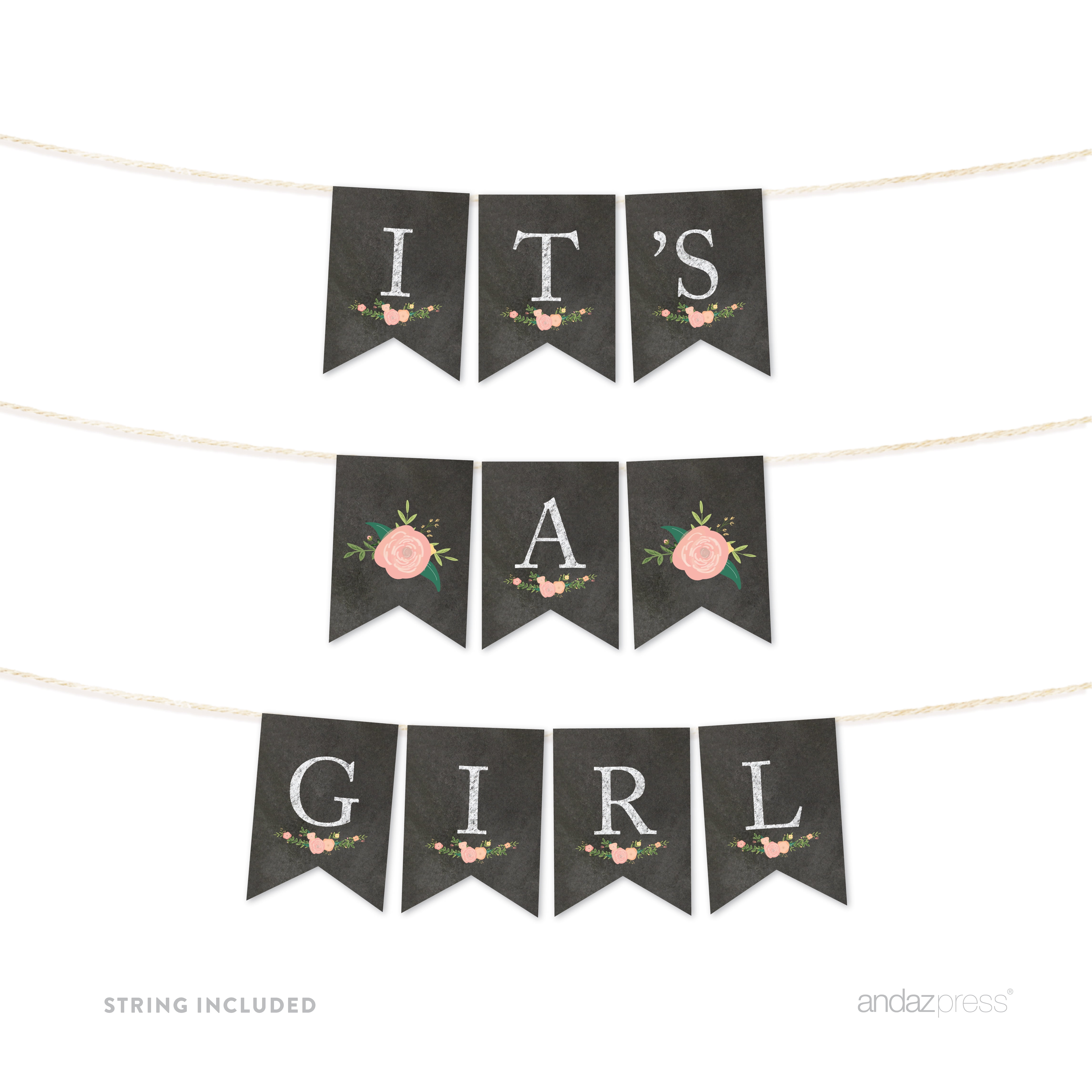 It's A Girl! Chalkboard Floral Girl Baby Shower Pennant Party Banner