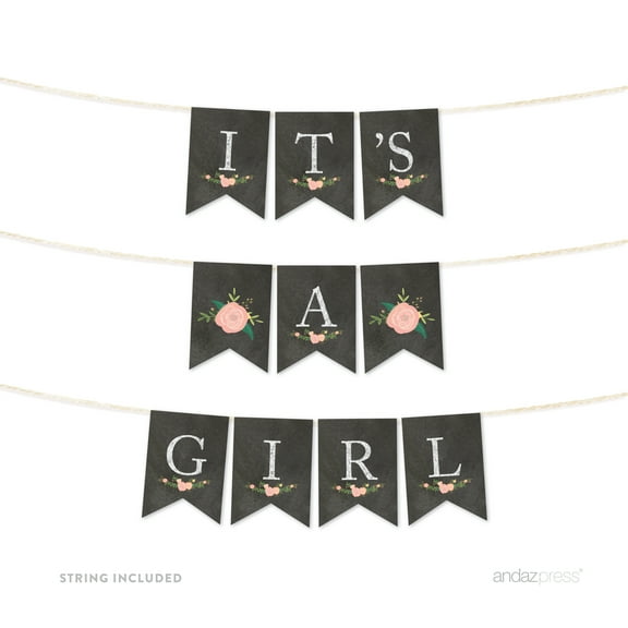 It's A Girl! Chalkboard Floral Girl Baby Shower Pennant Party Banner
