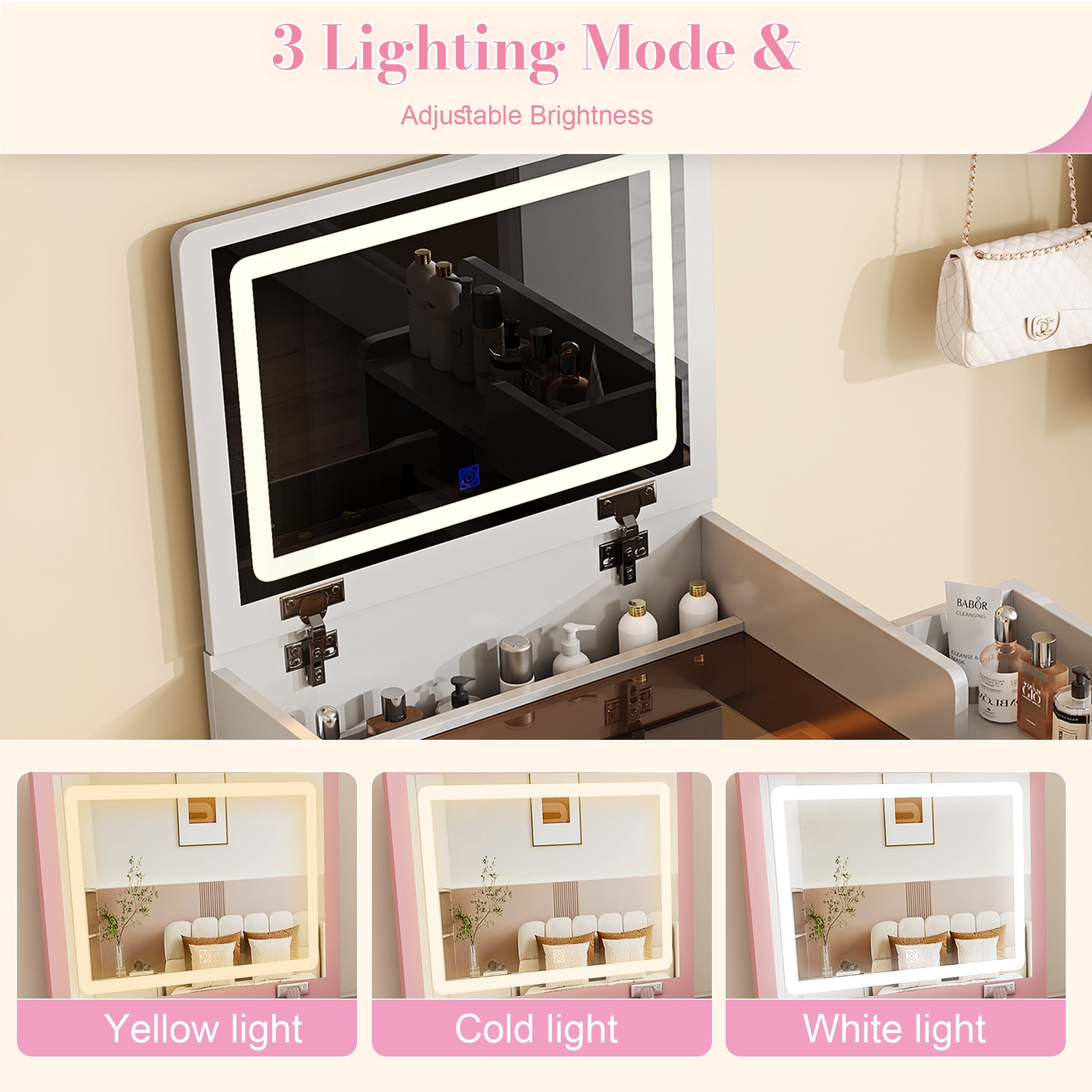 3-in-1 Flip Mirror Vanity Desk with Lights & Storage, Makeup Dressing Table with Adjustable LED, Side Sliding Tray and Stool, Space-Saving Furniture for Bedroom(Pink)