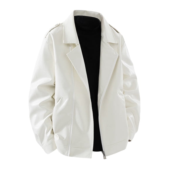 HOOMEUMY Men Leather Jacket Outdoors Retro Solid Lapel Leather Jacket Loose Versatile Comfy Windproof Coat (White,XXXL)