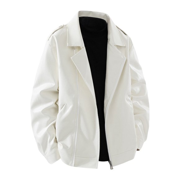 Gpaecead Classic Faux Leather Jacket Men's Matte Leather Long Sleeve Turndown Collar With Zipper Pockets Coat