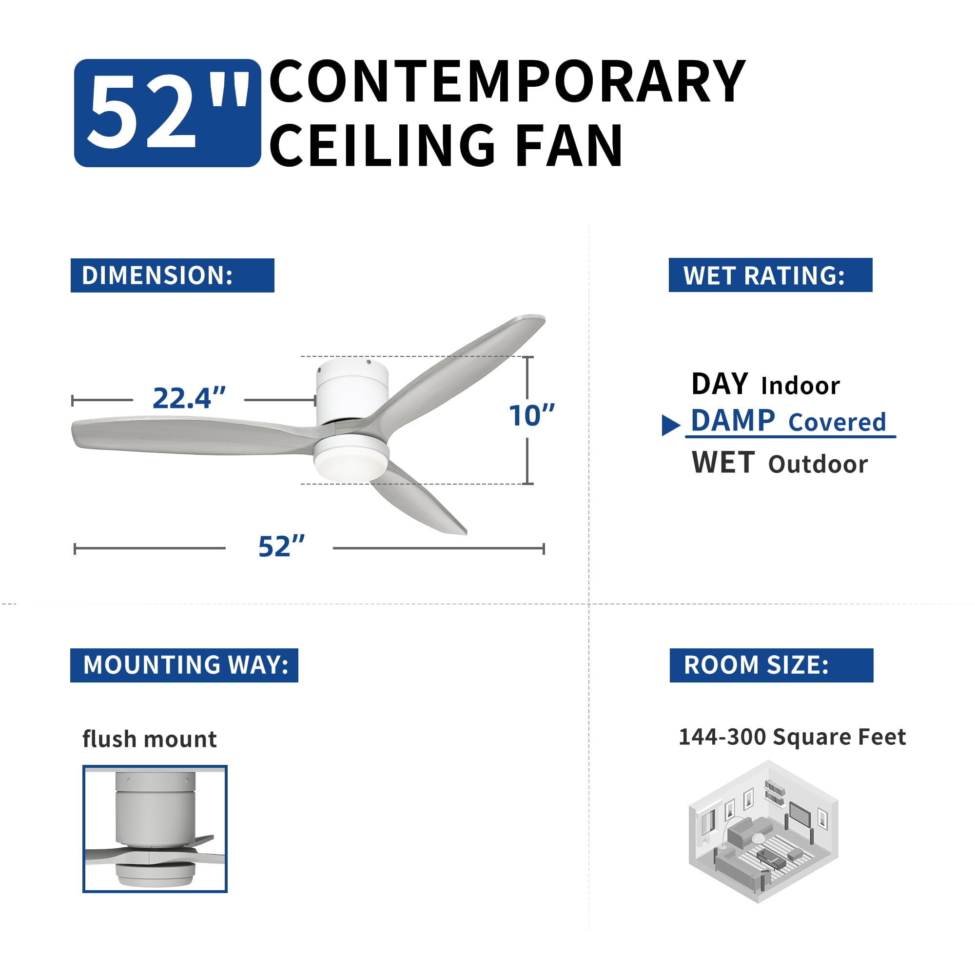 Dextrus 52in White Gray Flush Mount Ceiling Fan with Remote Control