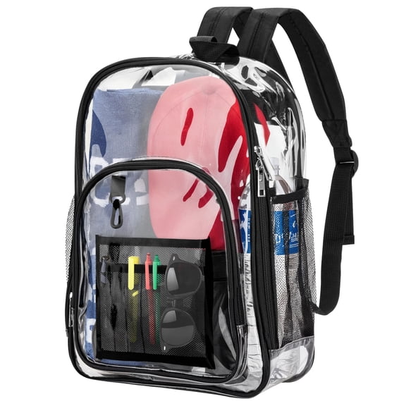 Garnen 17" Clear Backpack Heavy Duty Large Capacity Transparent PVC See Though Bookbag for Stadium Events School College Work Travel Men Women, Black