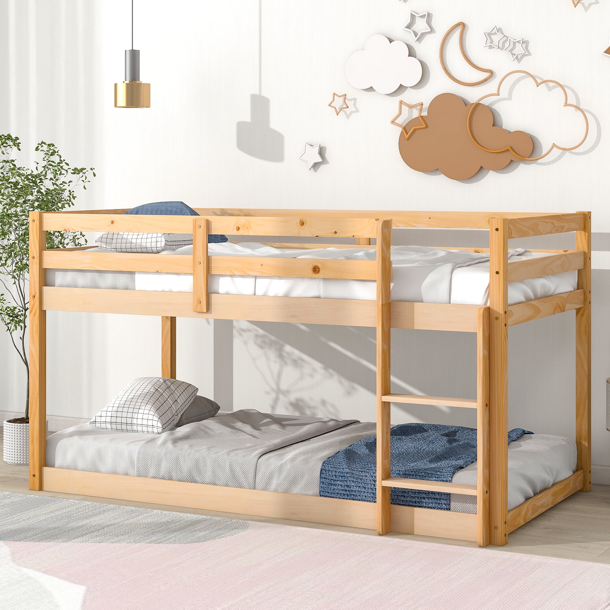 PORKISS Bunk Bed Twin Over Twin, Low Floor Bunk Bed for Kids with Guard Rails for Dorm, Small Space, No Box Spring Needed, Natural