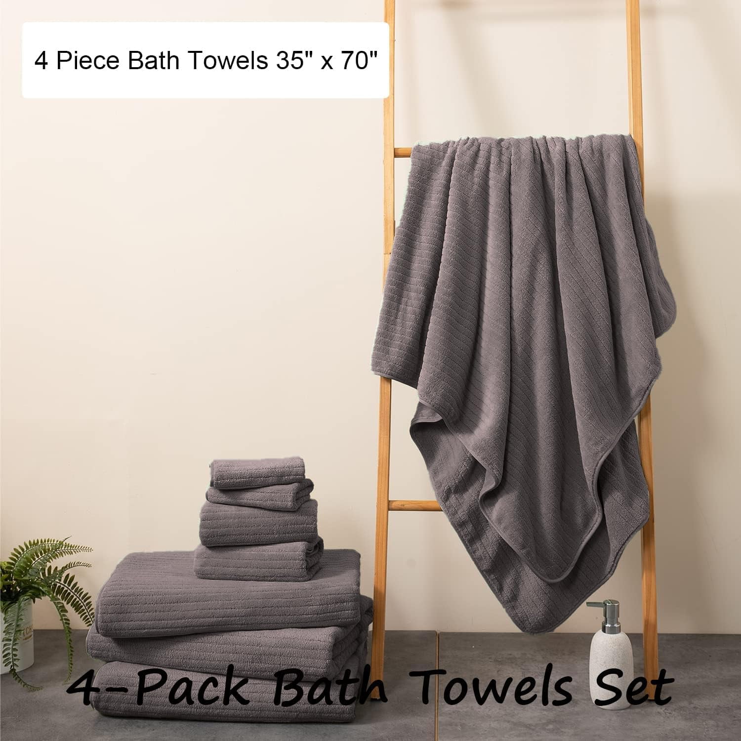 Jessy Home 4 Pack Dark Brown Stripe Large Bath Towels Set Oversized Microfiber Bath Sheet Soft Towel Set