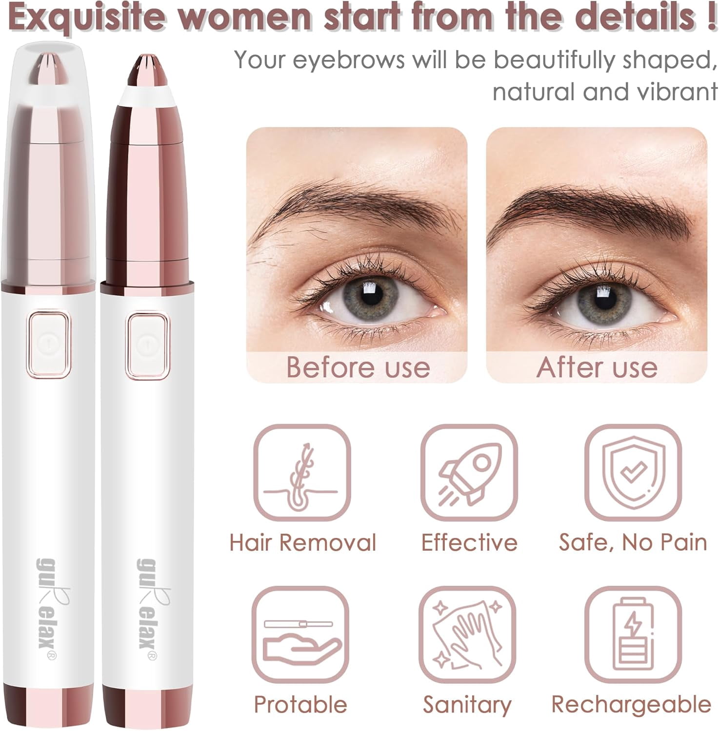 Eyebrow Trimmer for Women,Electric Eyebrow Hair Remover, Painless Brow Razor Shaper with LED Light, USB Rechargeable, Eye Brow and Face Epilator for Ladies(White)