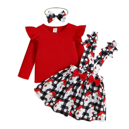 

OAUP Infant Toddler Girls Outfit Sets Christmas Long Sleeve Ribbed T Shirts Tops Xmas Cartoon Print Suspender Skirts Headbands Outfits Fall Leisure Fashion Outfit 6M-4Y