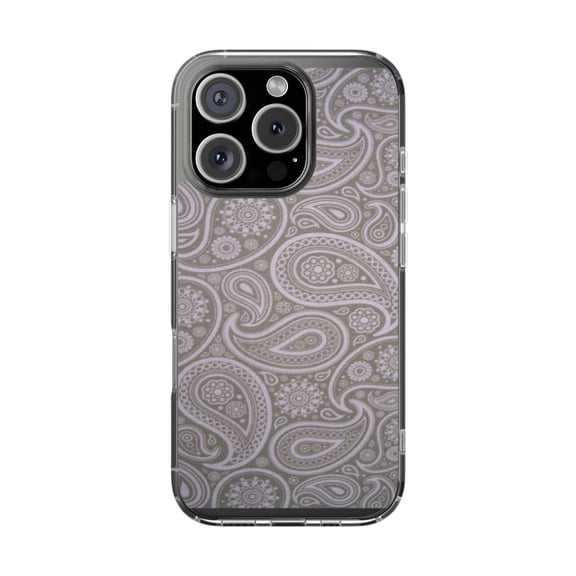 DistinctInk Clear Hybrid Case for Apple iPhone 16 Pro (6.3" Screen) - Grey Black Paisley - Tempered Glass Back