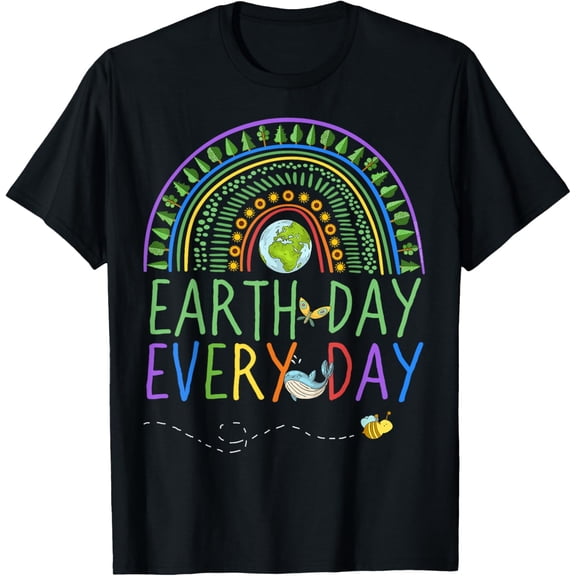 Pretty Earth Day Every Day Rainbow with Trees Earth Day T-ShirtMen's and women's gift, black and white T-shirt, size: Extra large S-4XL