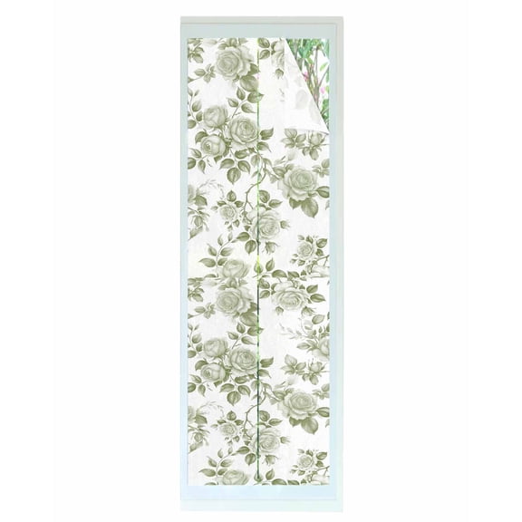 Window Privacy Film Sage Green Flower Stained Glass Window Film Decorative Sun Block Window Cover Vintage Country Rose Leaf Floral Window Clings Static Adhesive Sticker for Bathroom 17.7"x78.7"