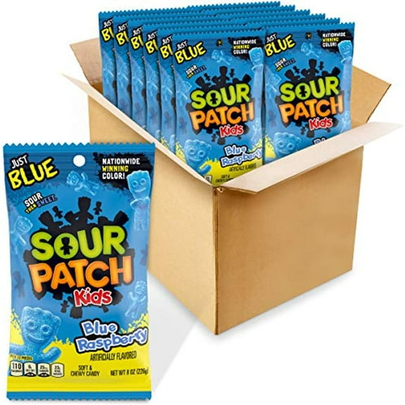Sour Patch Kids Blue Soft Chewy Candy 8 Oz Bags 12, Raspberry, 12 Count