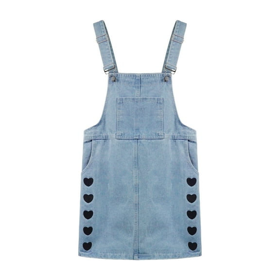KIDSCOOL SPACE Girls Overall Dress,Heart Printed Casual Jeans Jumpsuit,Blue,8-9 Years