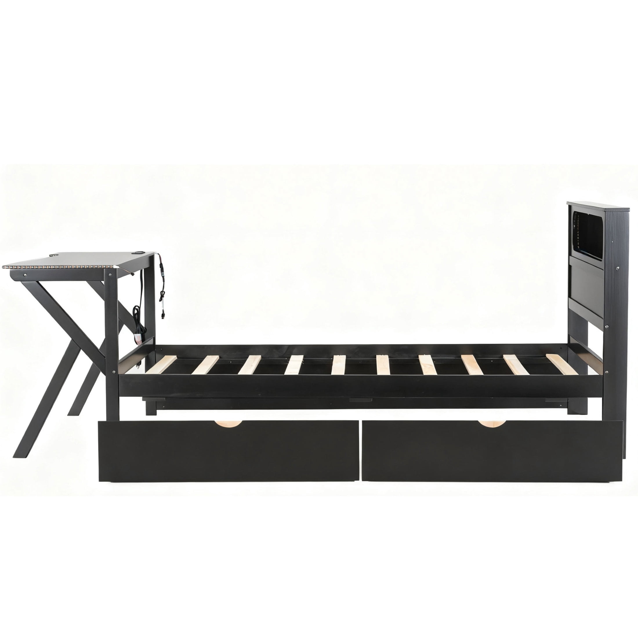 Noble House Twin Gaming Platform Bed, LED Headboard, and Built-in Desk with USB Charging and Storage Drawers, Black