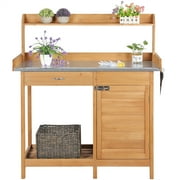Renwick Outdoor Garden Potting Bench Metal Tabletop with Cabinet Drawer Open Shelf, Natural Wood