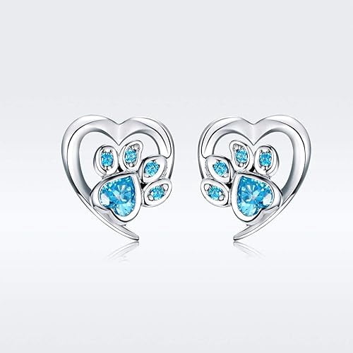 Divine Creation 1.25 Ct Heart Cut Blue Topaz Dog Paw Push Back Stud Earrings 14K White Gold Plated For Womens 925 Sterling Silver
