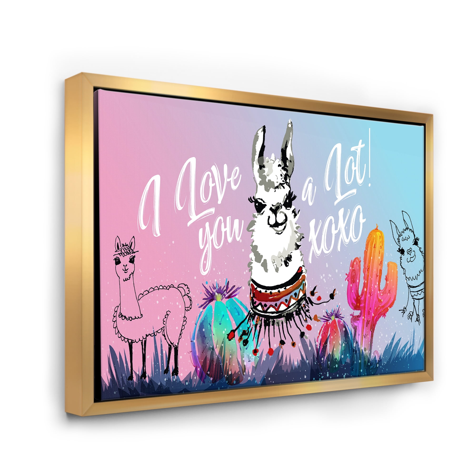 Designart 'I Love You A Lot Llama Alpaca Cartoon Portrait' Children's Art Framed Canvas Wall Art Print