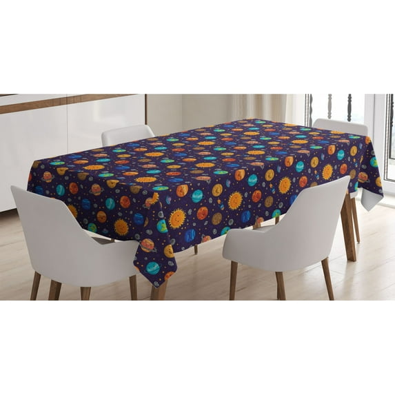 Space Tablecloth, Cheerful Planets as Sun Mercury Venus Earth Jupiter Mars with Alien Spaceships, Rectangle Satin Table Cover Accent for Dining Room and Kitchen, 60" X 84", Multicolor, by Ambesonne