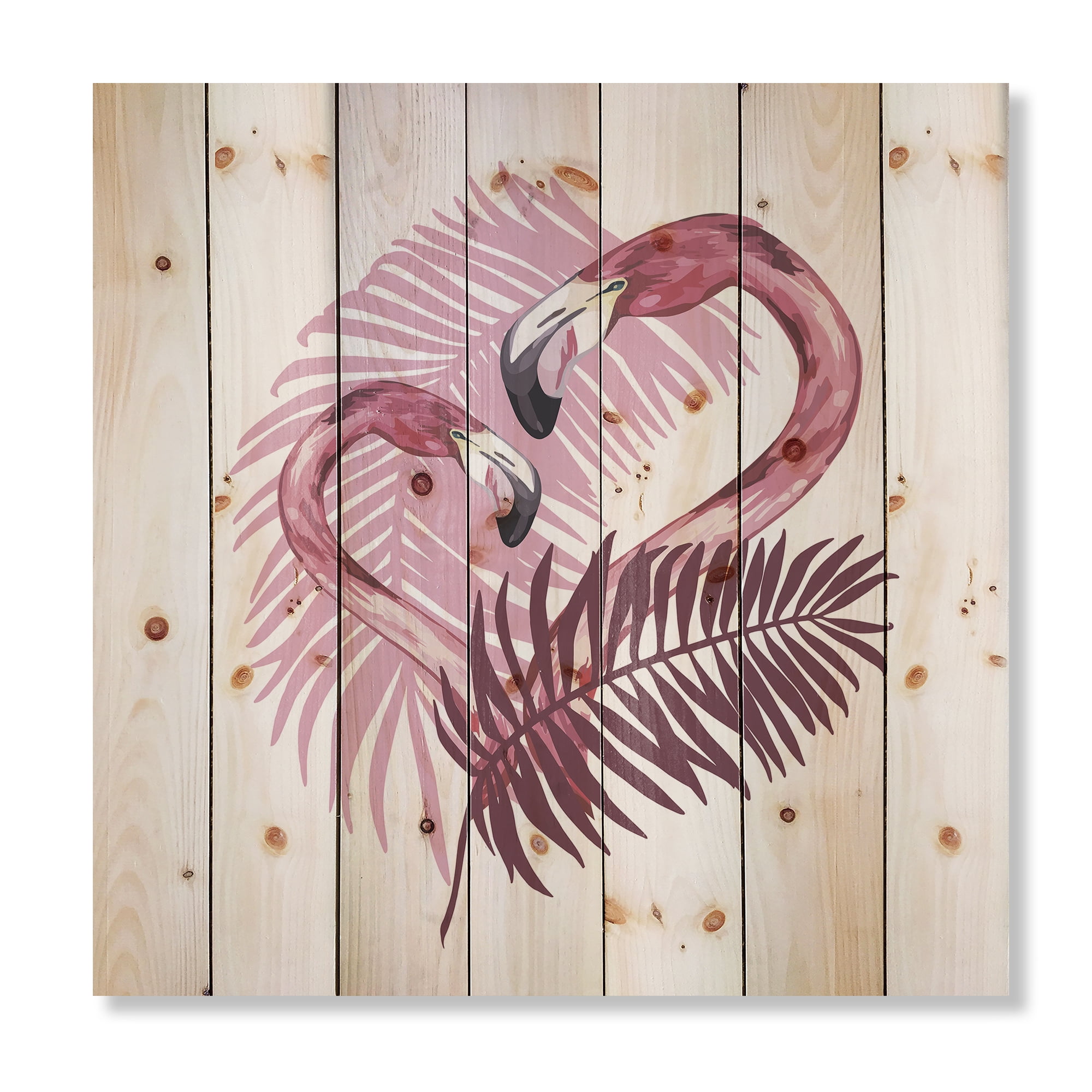 Designart 'Pink Flamingo In Tropical Summer II' Tropical Print on Natural Pine Wood