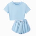 thumbnail image 2 of Sgkm Gymnastics Outfits for Girls Soft Two Piece Summer Outfit Set Round Neck T Shirt Top and Casual Shorts for Children Boys Girls Light Blue 9-10 Years, 2 of 4
