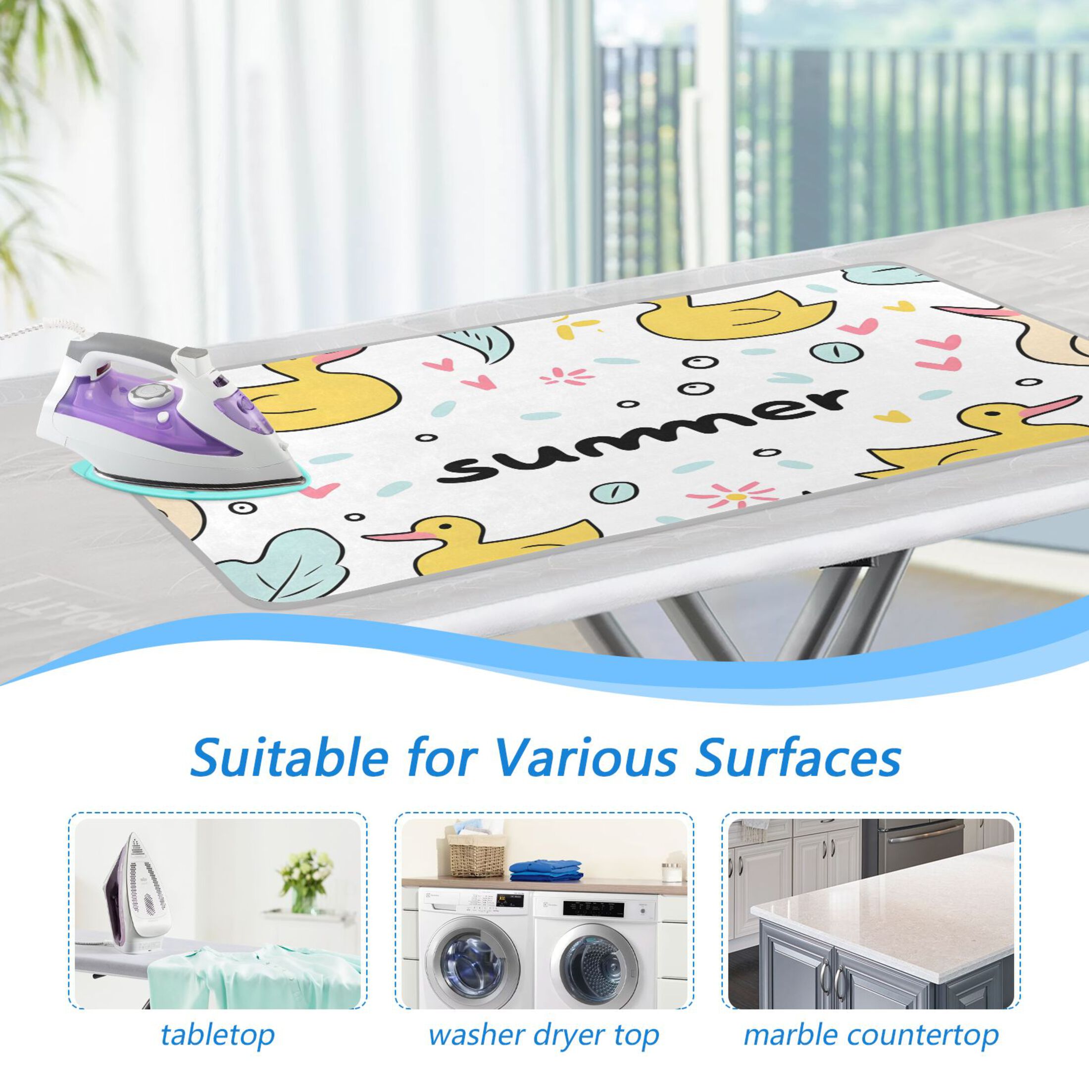 Summer Theme Ducks Leaves Bubbles Ironing Mat Blanket Portable Travel Ironing Pad Heat Resistant Pad 47.2" x 27.6”