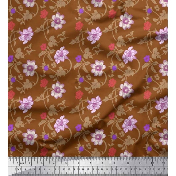 Soimoi Poly Georgette Fabric Leaves & Lily Floral Printed Fabric 1 Yard 52 Inch Wide