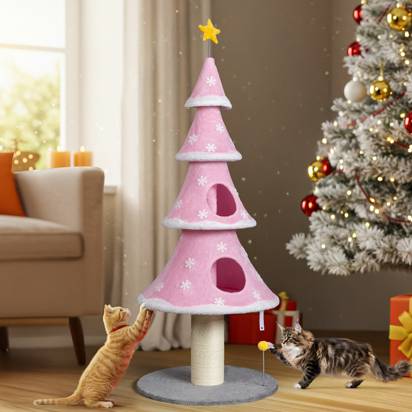 Ktaxon 59in Large Christmas Tree Cat Tower with 2 Condos, Scratching Post, Soft Fleece, Teaser Toy & Sturdy Base, Pink