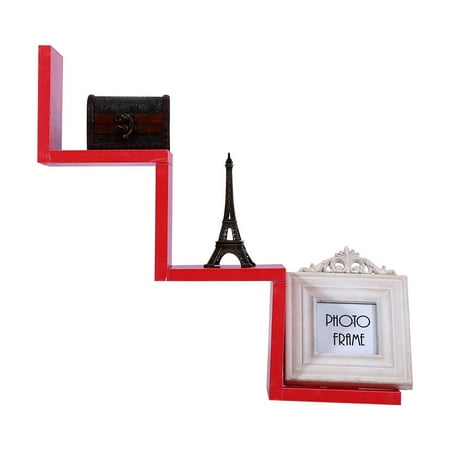 Wall Mounted Storage Unit Floating Wall Shelves, W Shaped Floating Wall Shelf Rack Organizer Hanging Bookshelf Wall Mounted Book Storage Shelf Display Unit Red ()