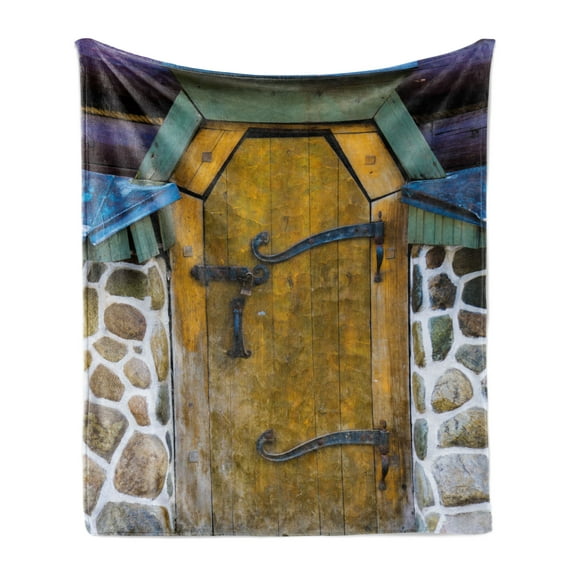 Rustic Soft Flannel Fleece Blanket, Antique Style Door of a Stone House in the Countryside Entrance Architecture Vintage, Cozy Plush for Indoor and Outdoor Use, 50" x 60", Multicolor, by Ambesonne
