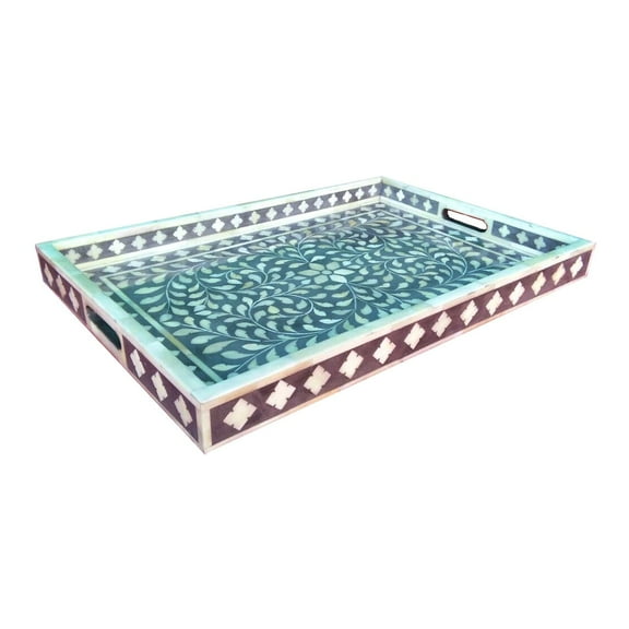 Favors Handicraft 22" x 15" Floral Bone Inlay Decorative Serving Tray in Gray