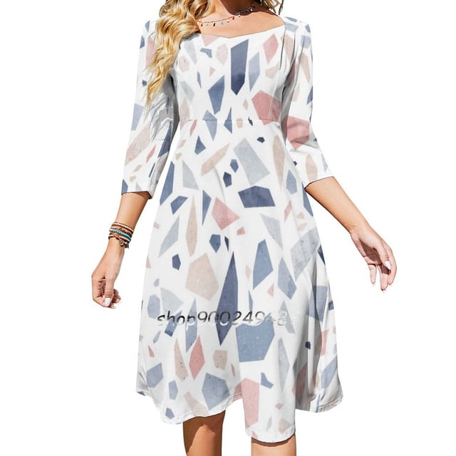 Robe Vintage Pastel Bleu Rose Beige Motif Géométrique Terrazzo Évasée Col Carré Robe Élégante Mode Féminine Imprimée