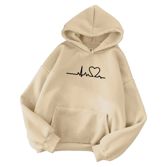 snowsong Graphic Hoodies,2024 New Women's Autumn and Winter Simple Love Chain Printed Warm Long Sleeve Hooded Sweatshirt,Essentials Hoodie,Oversized Hoodie,Winter Clothes,(Clearance) Beige L