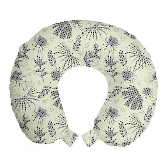 Tropical Travel Pillow Neck Rest, Vintage Art Illustration of Exotic Forest Elements with Polka Dots, Memory Foam Traveling Accessory Airplane and Car, 12", Pale Taupe and Eggshell, by Ambesonne