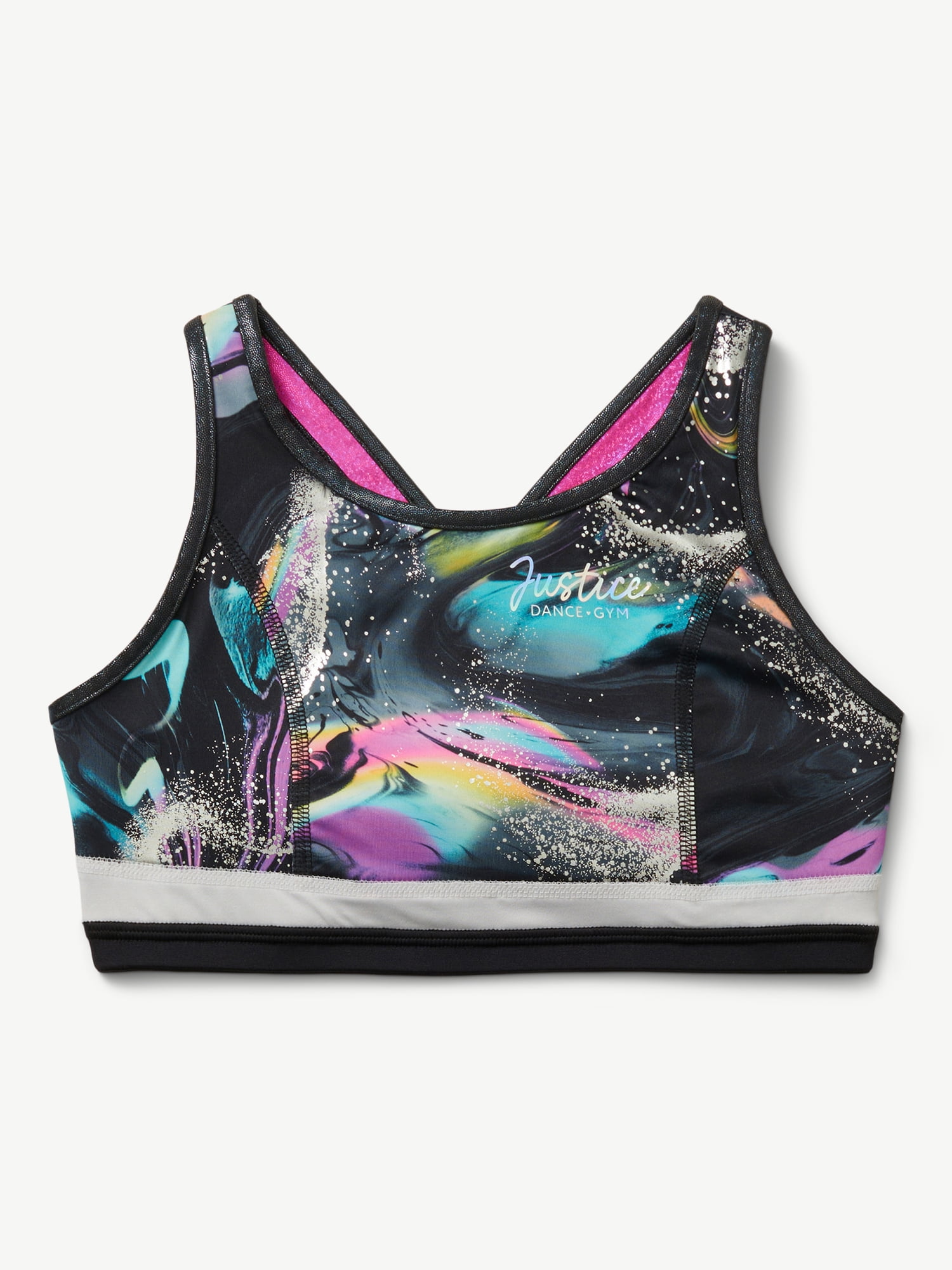 Justice Reversible Racerback Sports Bra for Girls with Swirl Print, Sizes XS-XL