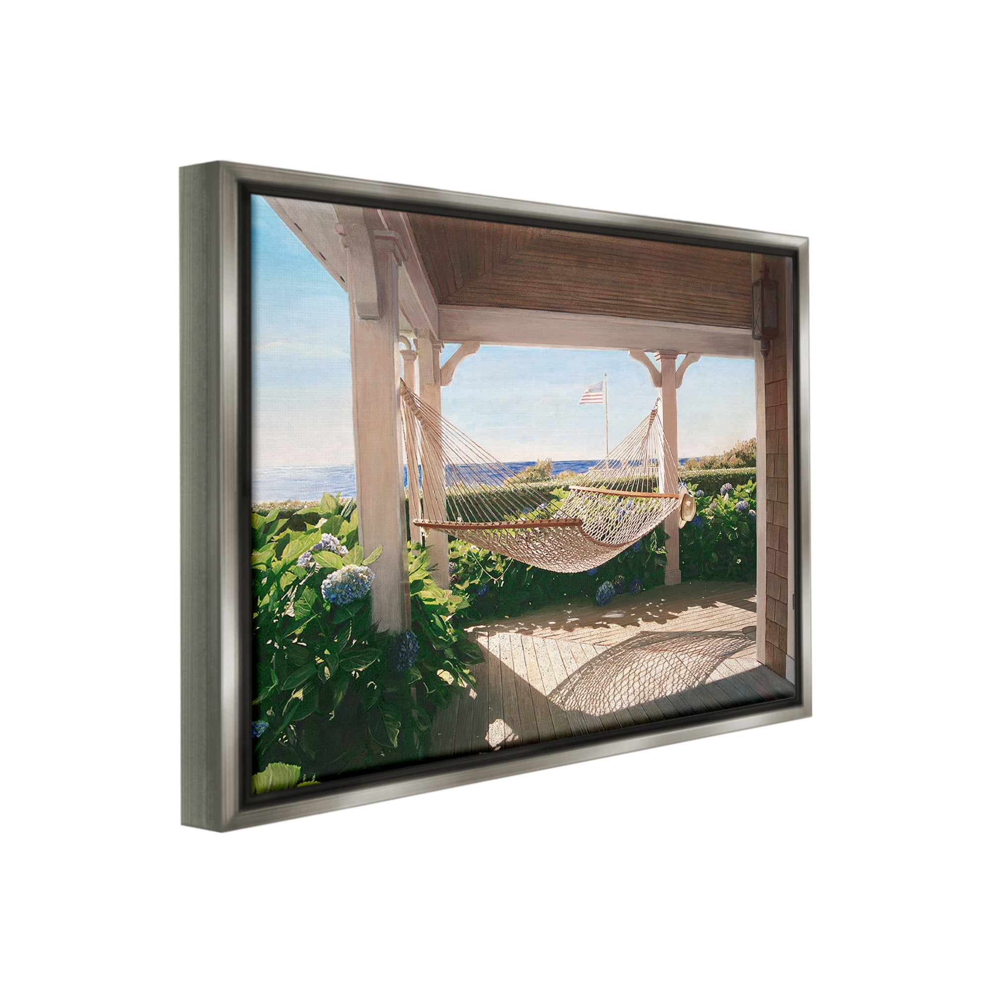 Stupell Industries Hammock & Coastal Porch Landscape Painting Gray Floater Framed Canvas Art Print Wall Art, 21 x 17