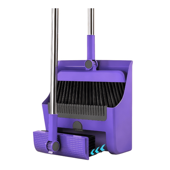 Michnild 3in1 Broom and Dustpan Set with Adjustable Push Teeth Broom Long Handle Sweeping Combo,Purple