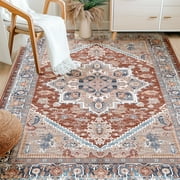 5'x7' Machine Washable Persian Indoor Area Rugs Vintage Distressed Thin Rug Non Slip Carpet for Living Room Kitchen Dining Room,Brick Red