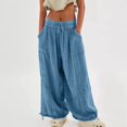 thumbnail image 5 of Womens Casual Loose Fit Wide Leg Cotton Pants Drawstring Stitching Baggy Pants Trousers with Pockets Blue L, 5 of 9