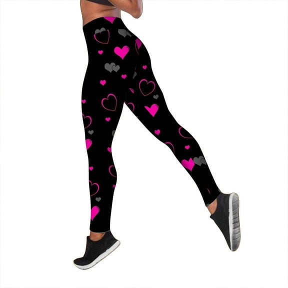 Yuncity Valentines Leggings Women Cute Holidays Love Heart Print Funny Graphic High Waist Tights Yoga Pants For Workout Running Athletic Women's Leggings S-Xxl Black