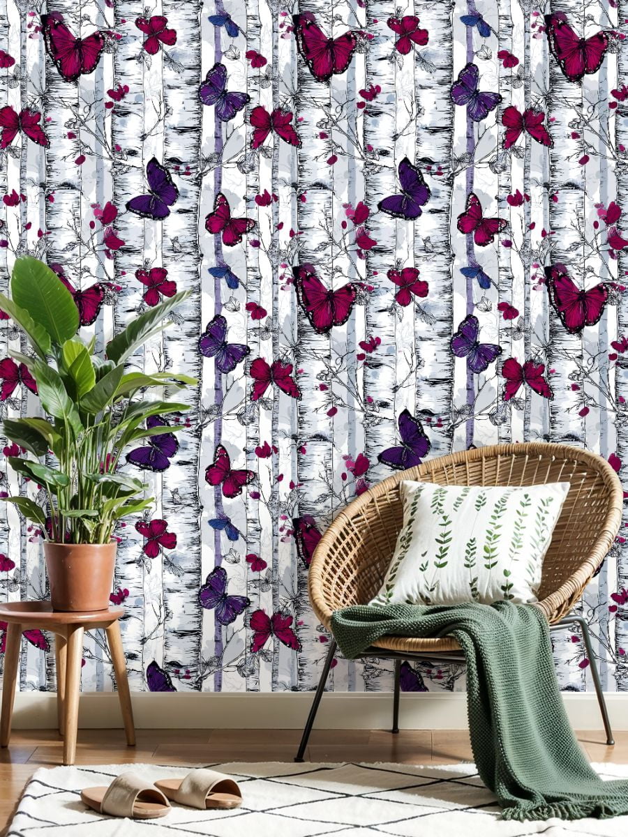 Peel and Stick Wallpaper Butterflies Birch Trees Magenta Purple Grey Ink Wall Mural 23.6in x 9.8ft Self Adhesive Removable Wall Paper Renter Friendly Wallpaper for Bedroom Livingroom Office Studio