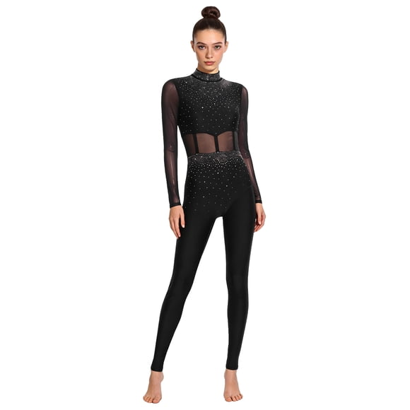 Riismen Women's Glitter Gymnastics Leotards Long Sleeve Keyhole Back Skating Jumpsuit Ballet Dance Black XL