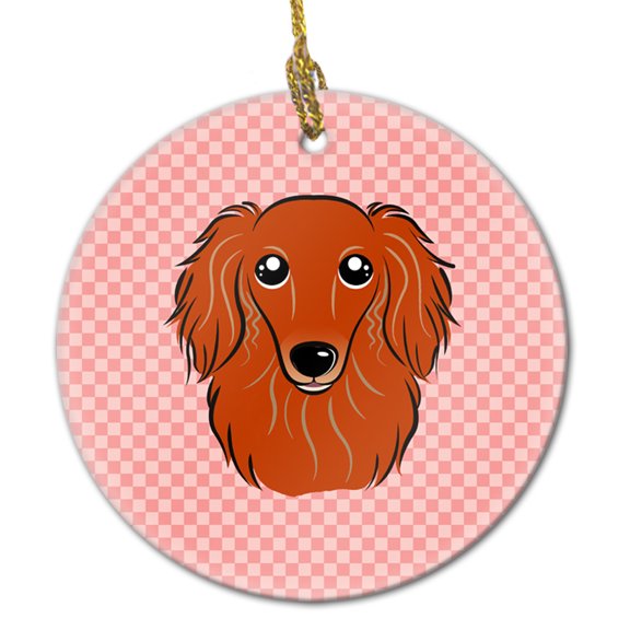 Carolines Treasures BB1214CO1 Checkerboard Pink Longhair Red Dachshund Ceramic Ornament 3 in multicolor