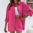 thumbnail image 2 of Women's Casual Loose Two Piece Sets Long Sleeve Shirt with Shorts Trendy Summer 2025 Outfits Hot Pink,M, 2 of 7