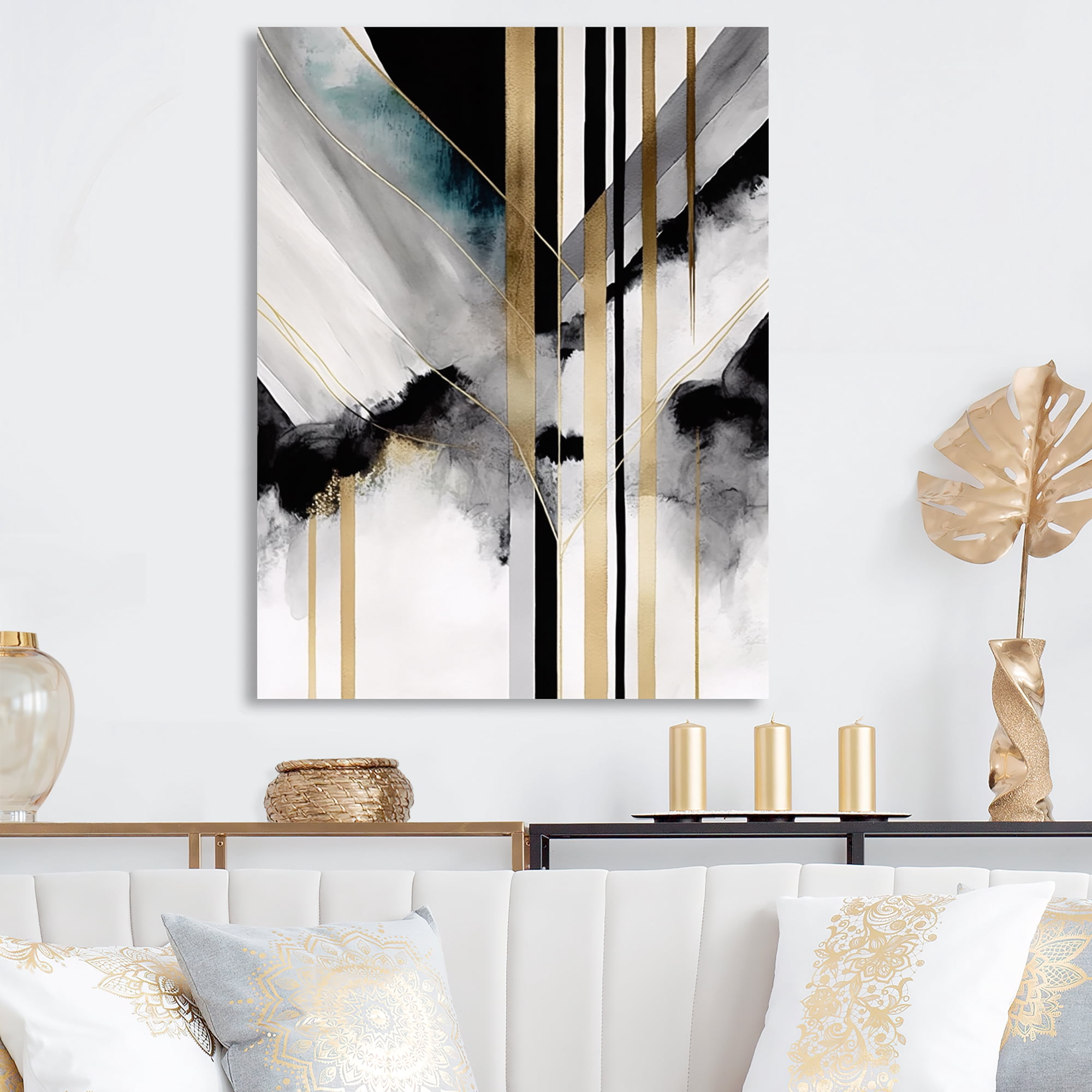 Designart Abstract Geode Geometric Black And Gold I Canvas Wall Art