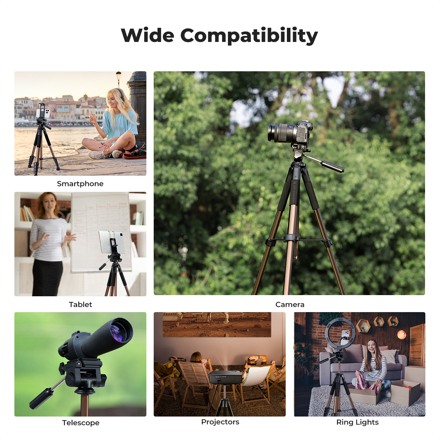 K&F CONCEPT Camera Tripod, 75" Lightweight Travel Outdoor DSLR Tripods for Recording , Cellphone Clip for Live Streaming Vlog (Bronze Gold)
