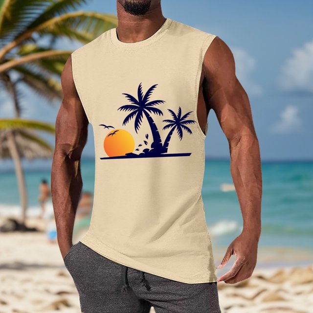 HUITKMM Tank Top Men's Summer Fashion Coconut Sunset Vest Design Wind Vest