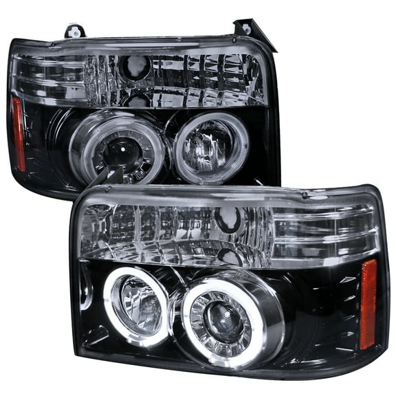 Dual Halo Projector Headlights (Black Housing/Smoke Lens) Made for and Compatible wth 1992-1996 Ford F-150 F-250 F-350 Bronco