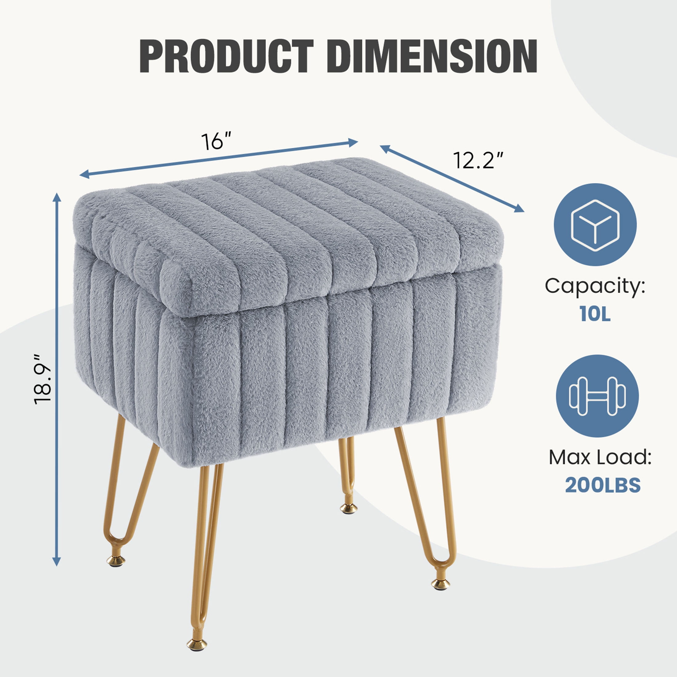 CONCETTA Footstools Ottoman Storage Bench, Vanity Faux Fur Padded Chair with Storage and Adjustable Feet for Makeup Bedroom Entryway, Grey